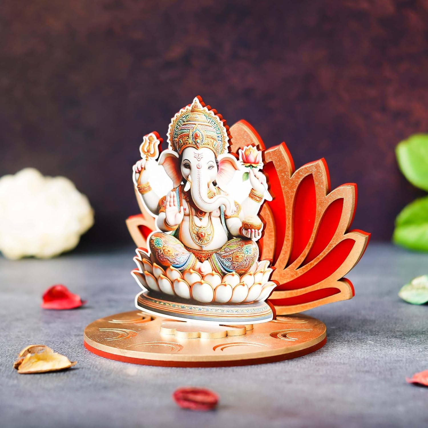 Ecraftindia Mdf Wooden Lord Ganesha Sitting on Lotus Flower Decorative Showpiece for Diwali