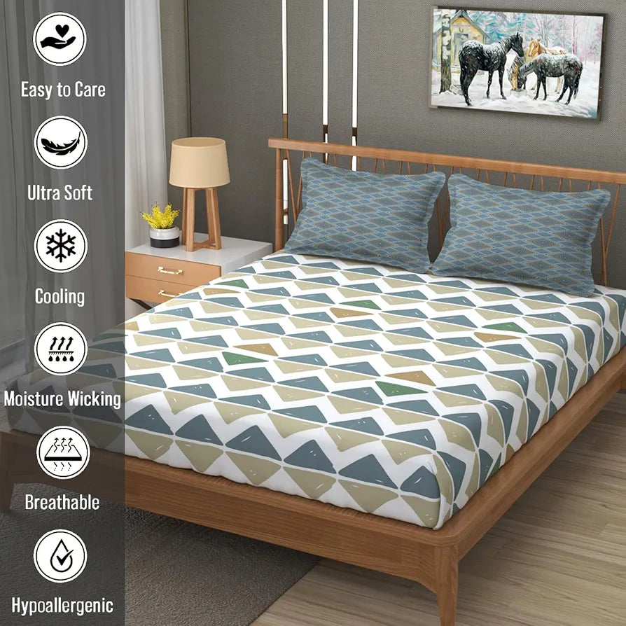 Fresh From Loom 240 TC Microfiber Cotton Queen Size Bedsheet for Double Bed with 2 Pillow Cover Blue Beige