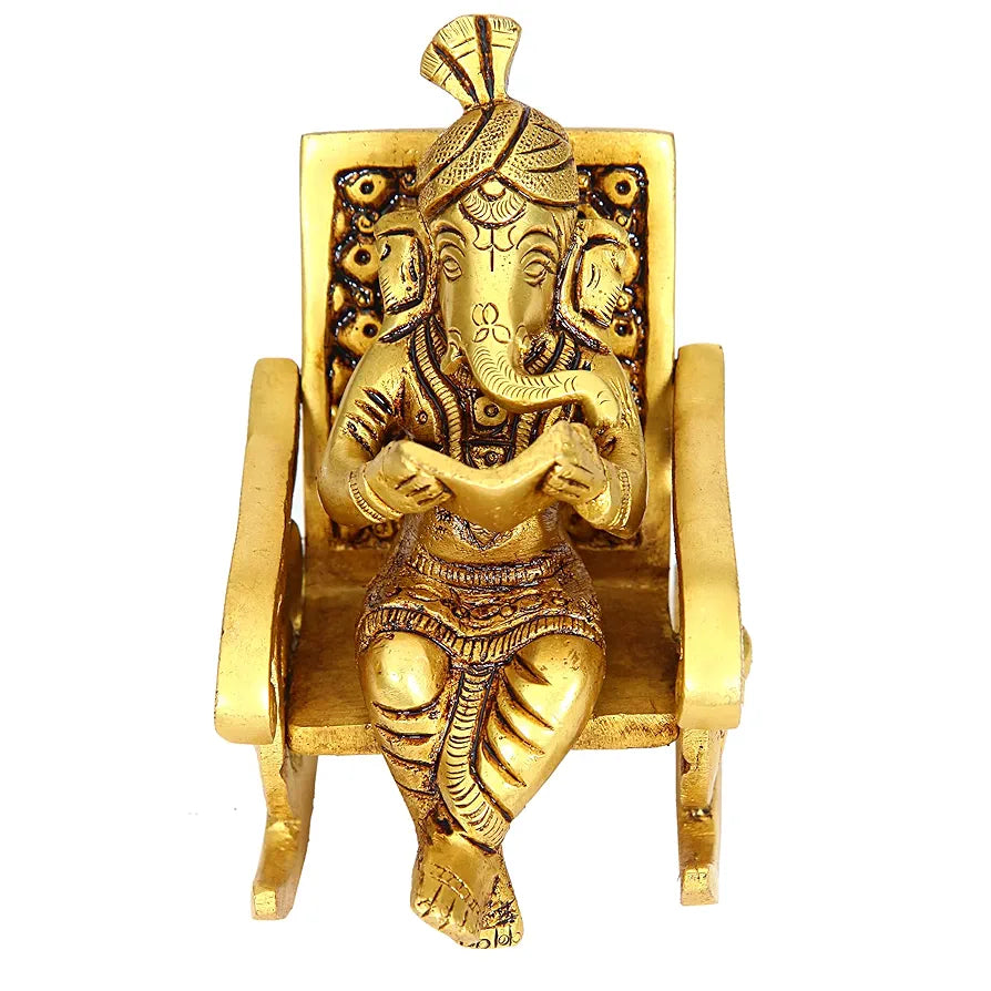 anciently Premium Chair Ganesha Idol | Rocking Chair Ganesha Idol | Heavy Rocking Chair Ganesha Brass, 675g, Height 10.5 CM, Gold Colour, 1 Piece