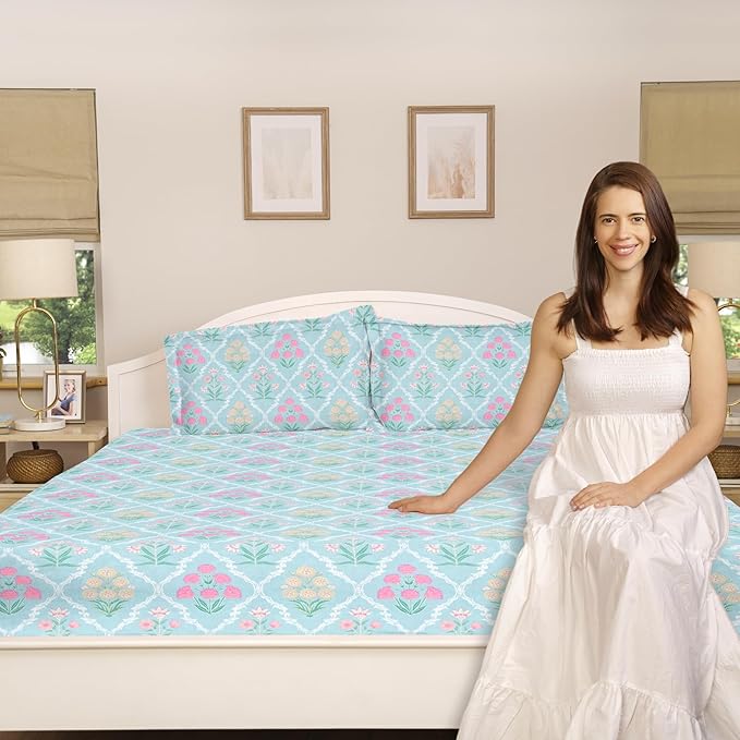 Haus & kinder Cotton Queen Size Bedsheet for Double Bed 90 X 100 Inches) with 2 Pillow Covers | 186 TC |Blue Floral Geometry