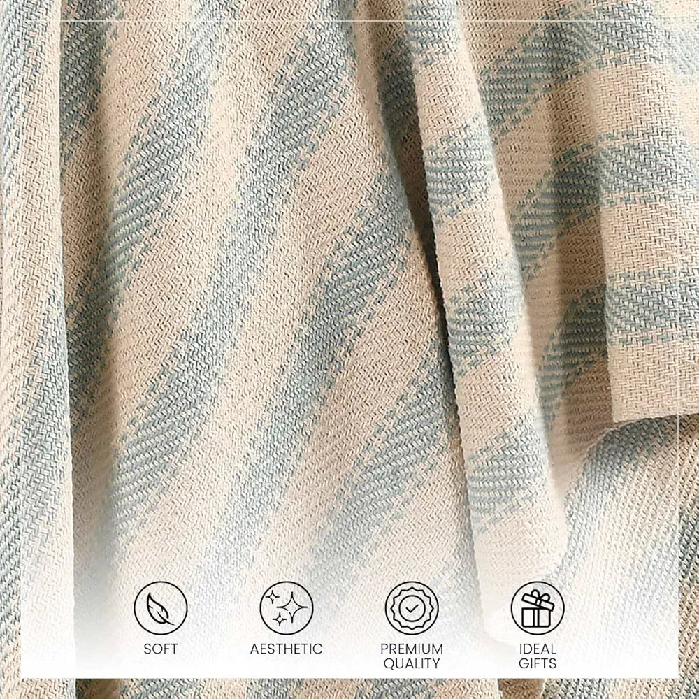 Sashaa World Striped Sofa Throw Medium with Tasselled Edges Colour Ice Blue