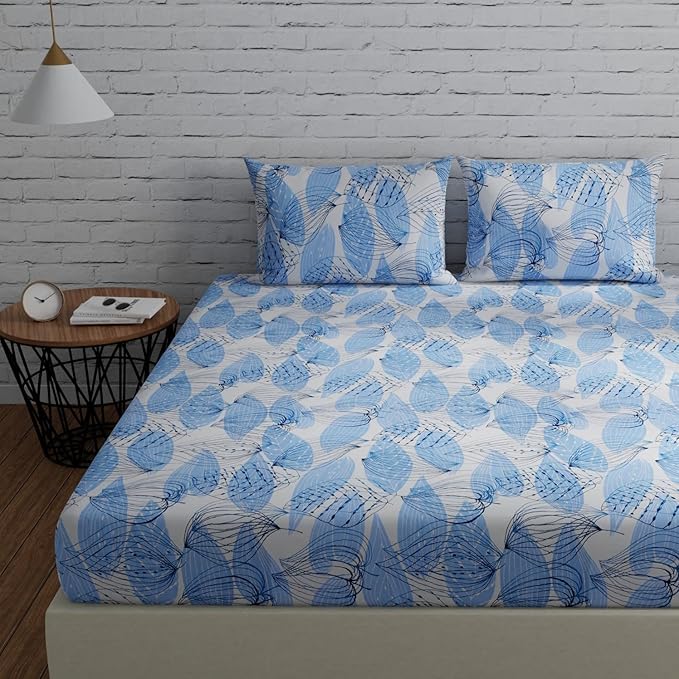 Huesland by Ahmedabad Cotton 144 TC Cotton Bedsheet for Double Bed King Size with 2 Pillow Covers | Blue & White