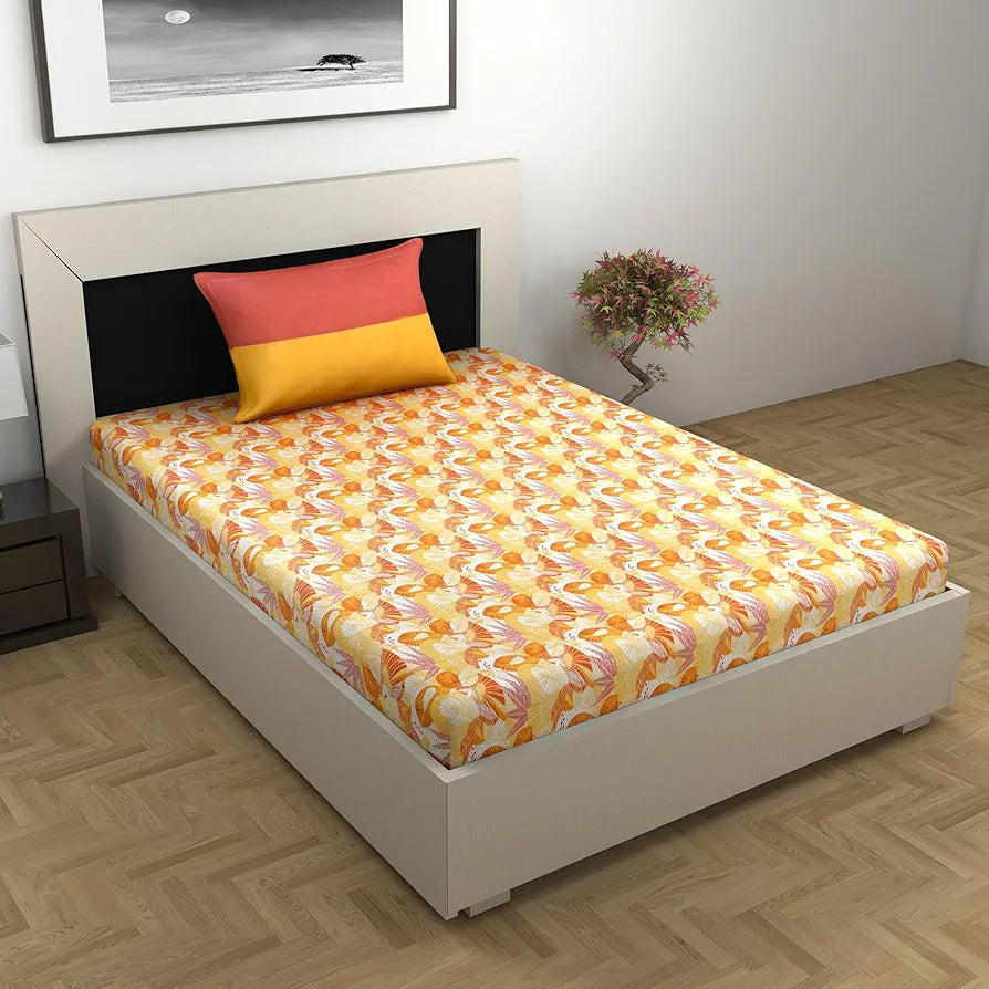Divine Casa 144 TC Pure Cotton Single Size Bedsheet with 1 Pillow Cover Floral Paisley Colour Mustard Orange