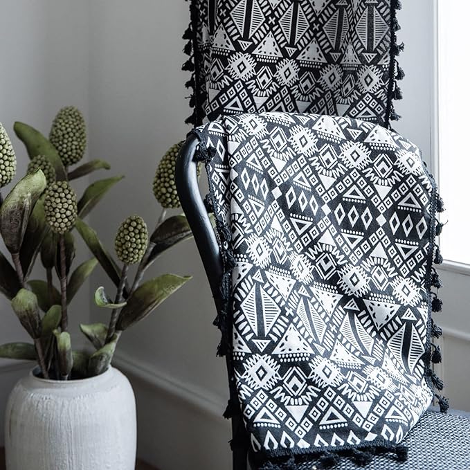 Huesland Cotton Curtains for Door, 7 Feet Long 1 Bohemian Eyelet Curtain | Geometric Black