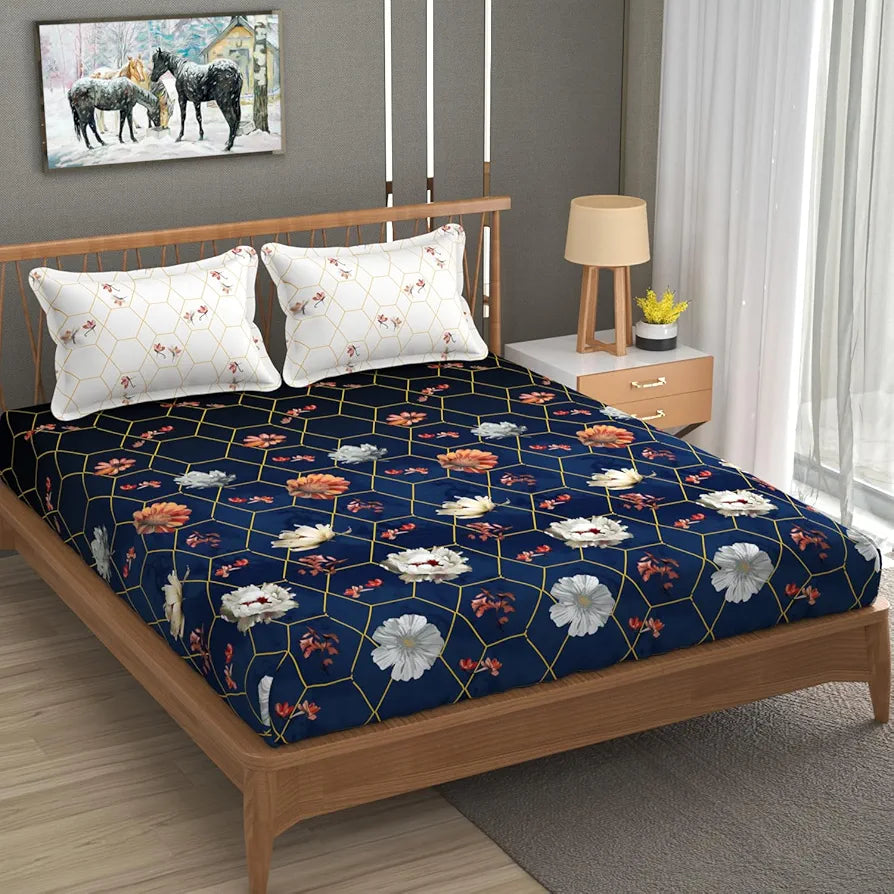 Fresh From Loom Floral Microfiber Cotton Bedsheet for Double Bed 240 TC King Size Soft Bed Sheet with 2 Pillow Cover Hexagon Royal Blue