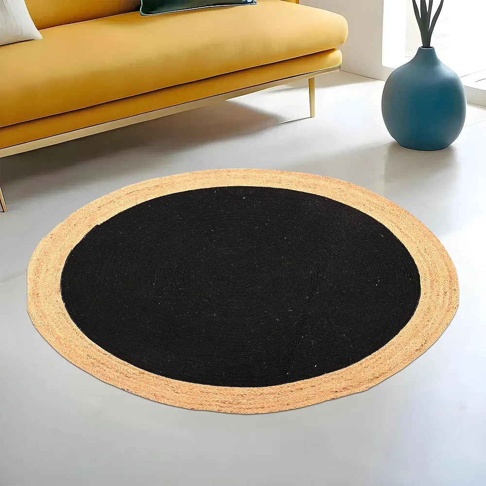 Kuber Industries Round Jute Rug & Carpet for Home Bedroom Light Brown & Black