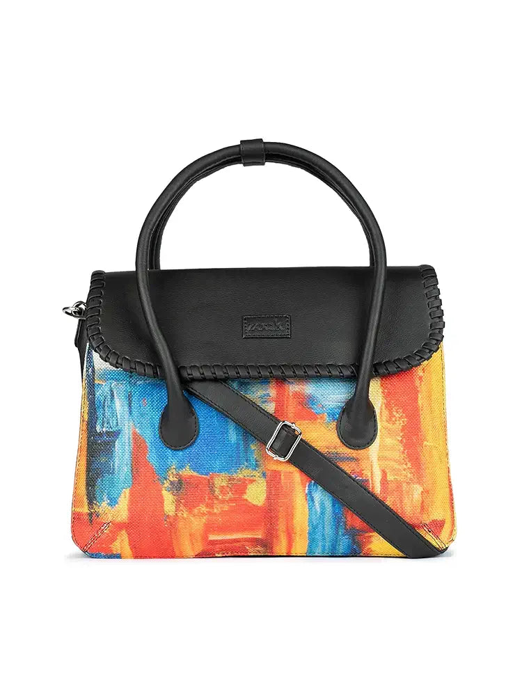 Zouk Printed Jute Handcrafted Vegan Leather & Jute Multicolor Women's Satchel Bag