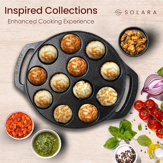 Solara Pre Seasoned Cast Iron Paniyaram Pan 12 Cavities 20 Cm Appam Patra, Paniyarakkal Pan | Cast Iron Cookware