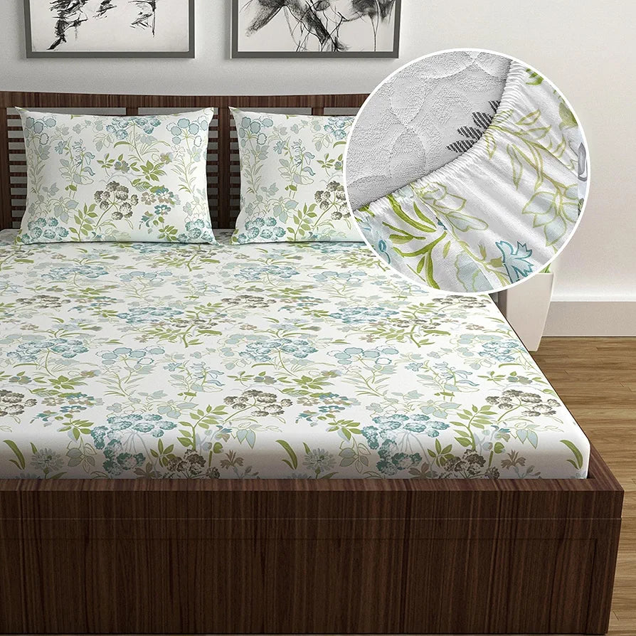Divine Casa 144 TC 100% Cotton Floral Print Green Super Soft Fitted Bedsheets for Double Bed