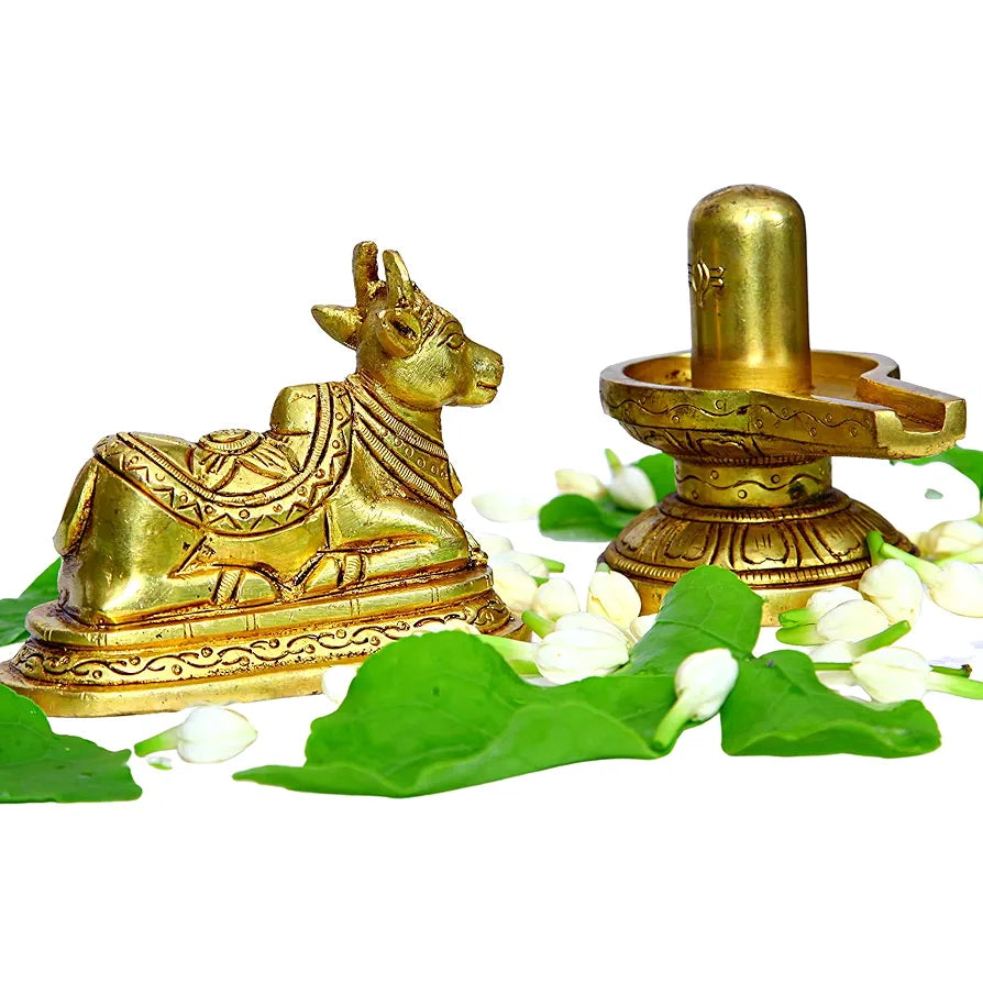 anciently Brass Shivling with Nandi Idol, Medium, Gold Colour - 