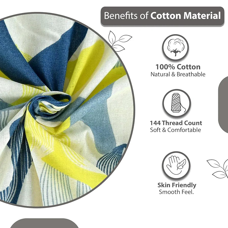 Divine Casa 144 TC 100% Pure Cotton Queen Size Double Bed Bedsheet with 2 Pillow Covers Geo Petals Colour Sky Blue Lemon