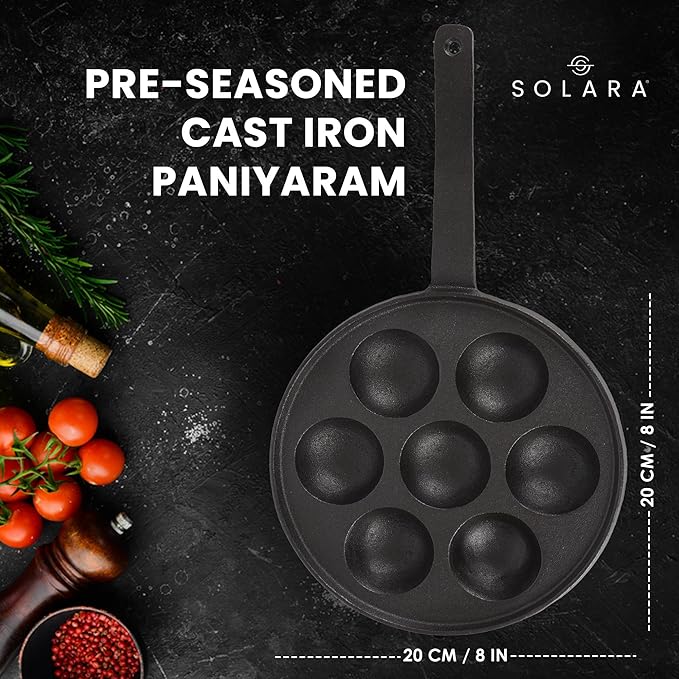 Solara Crownstone Premium Cast Iron Paniyaram Pan 7 Cavities, 20 Cm Appam Patra With Handle | Cast Iron Cookware