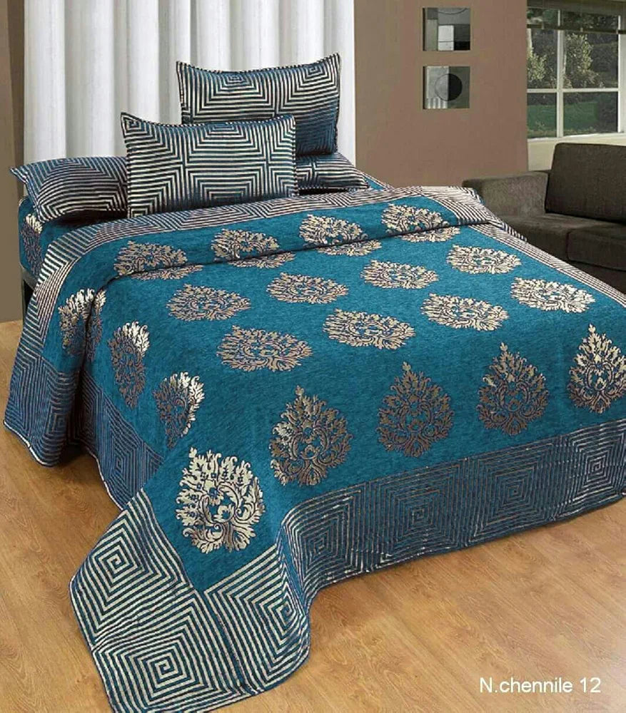 Fresh From Loom Chenille Velvet 500 TC Double Bed King Size Bedsheet Cum Bed Spread with 2 Pillow Covers Jhumka Skyblue