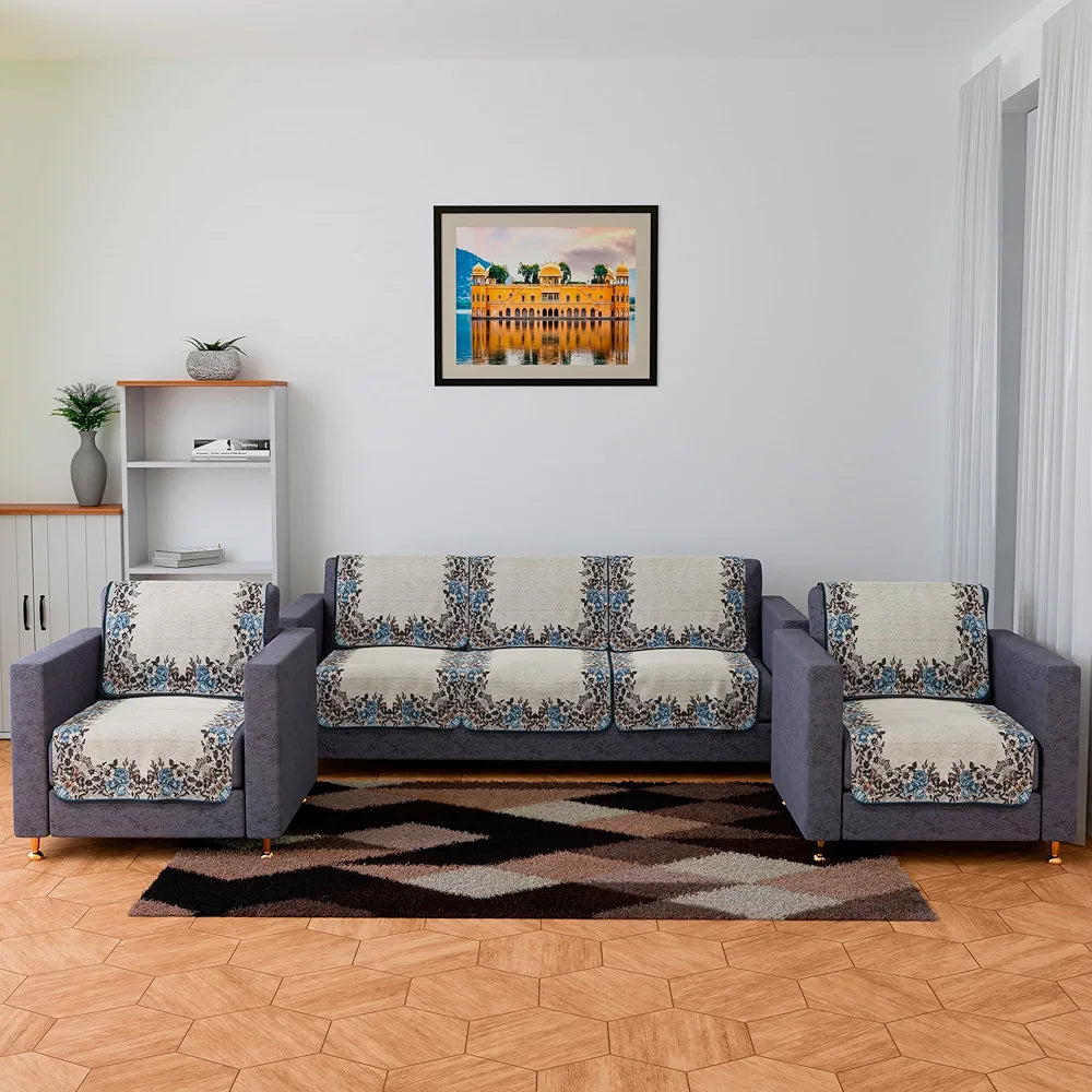 Kuber Industries 5-Seater Couch Cover Net Velvet Sofa Slip Cover Set Blue Gulab Border Crown Sofa Cover Cream
