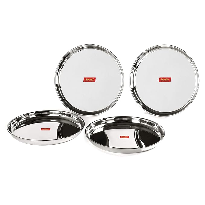 Sumeet Stainless Steel Heavy Gauge Deep Wall Dinner Plates 29cm Set of 4pc