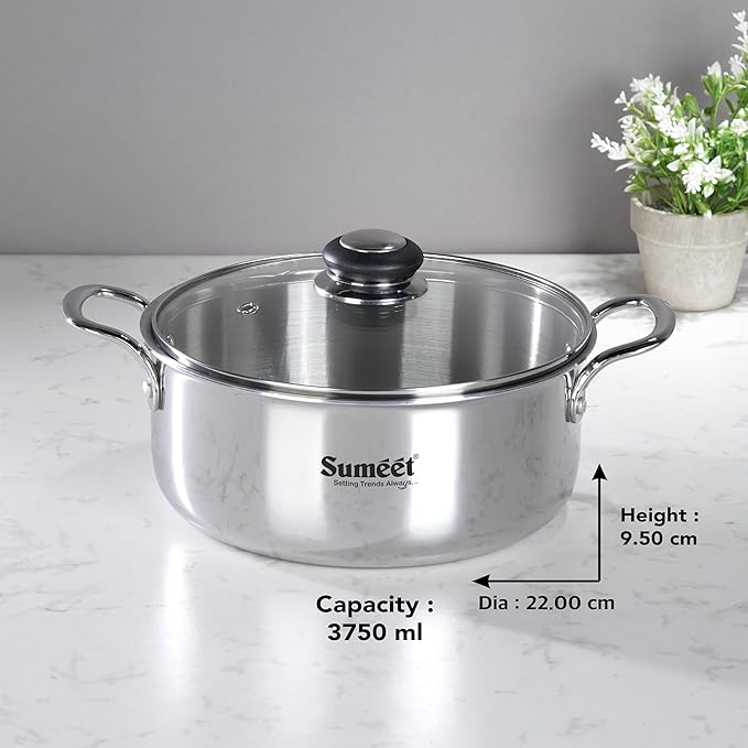 Sumeet Cook Smart TriPly Steel Aluminium Steel 3 Layers Pot Glass Lid- 3.75Ltr 22Cm Silver