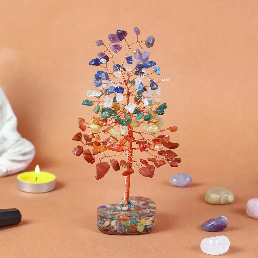 Zaicus 7 Chakra Gemstone Bonsai Tree with Orgone Heart Base