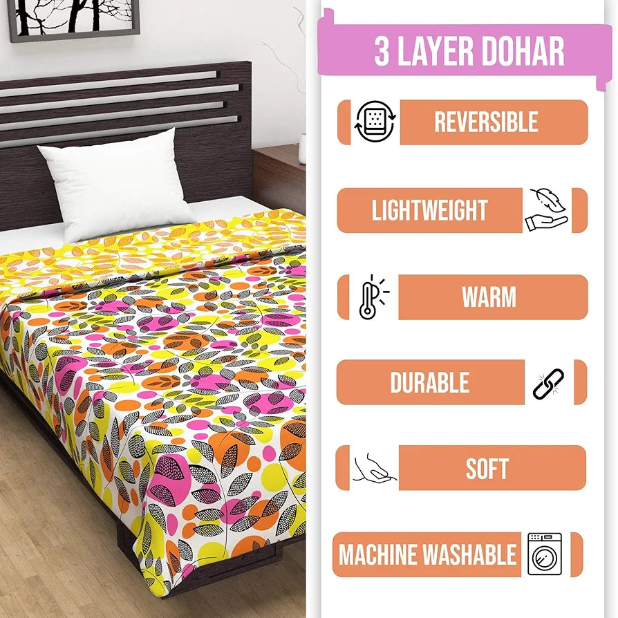 Divine Casa 120 GSM Microfiber Single Dohar Soft & Lightweight Throw Blanket Tropical Leaf Pattern Colour Orange & Yellow