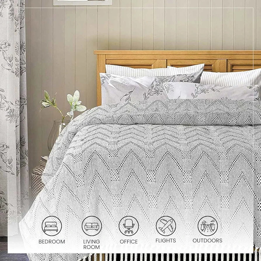 Sashaa World Zig Zag Super Soft & Breathable Cotton Throw Blanket Colour Grey/Black