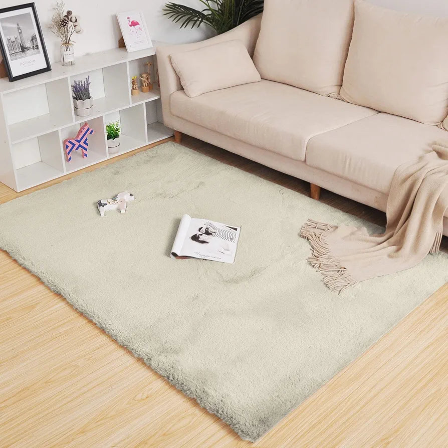 Luxe Home International Ruffle Floor Rug Rabbit Fur 1000 GSM Living Room Rectangular Foot Mats 4 x 6 Ft Colour Beige