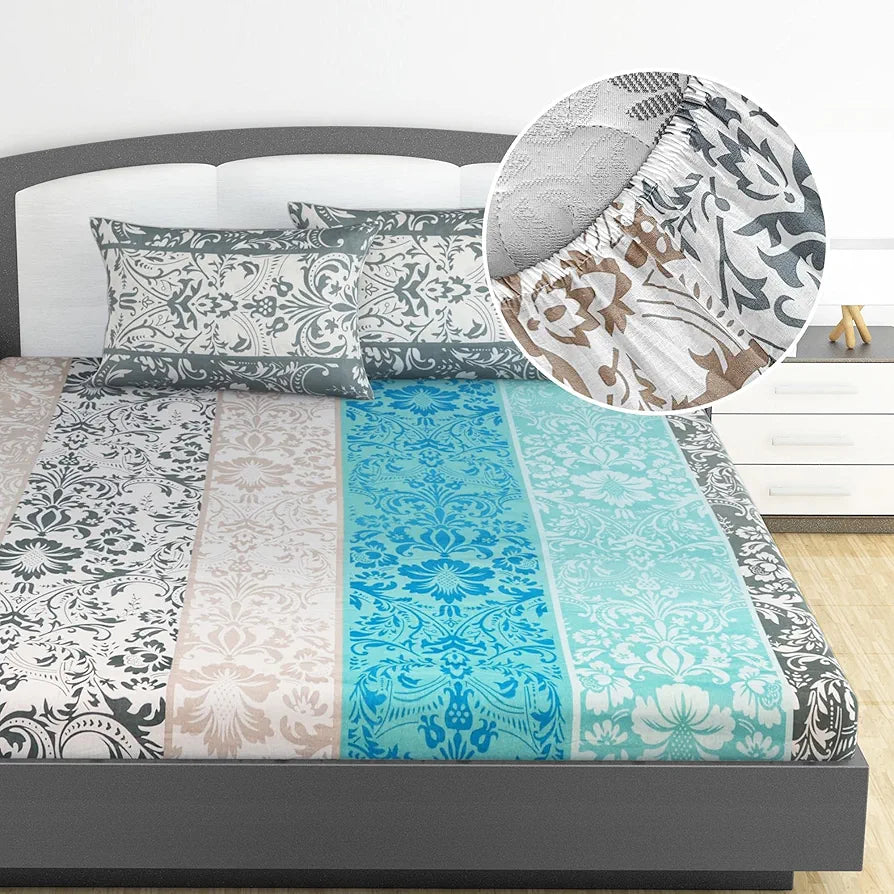 Divine Casa 144 TC 100% Cotton Floral Grey Breathable Bedsheet King Size Bed Cotton Elastic Fitted Colour Air Blue