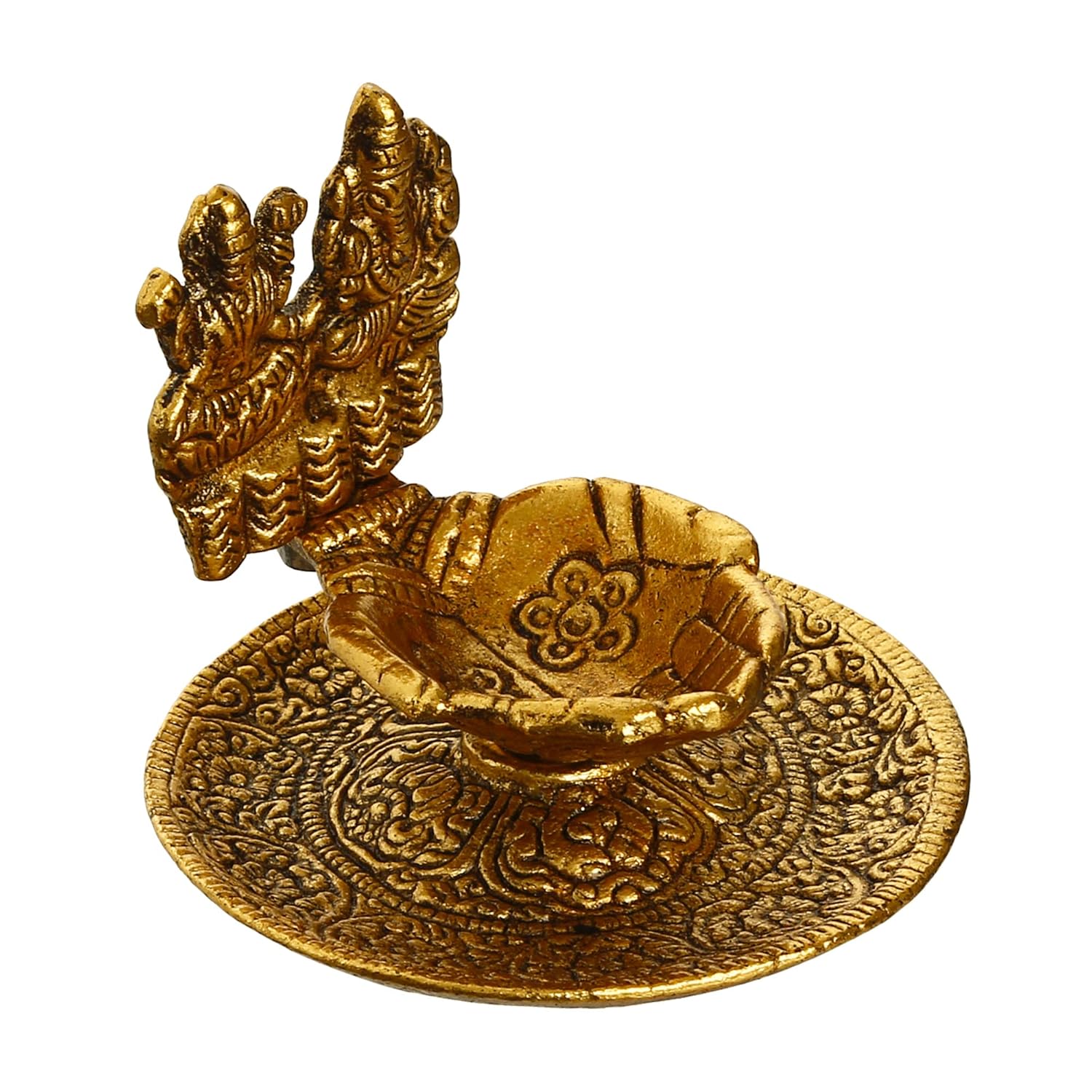 Ecraftindia Golden Metal Goddess Lakshmi & Lord Ganesha Decorative Diya for Puja Room | Home Temple Decor
