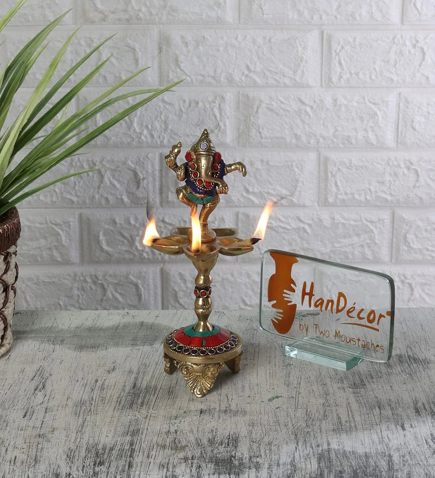 Two Moustaches Gemstone Work Dancing Ganesha Over Ethnic Legs Five Oil Wick Brass Diya