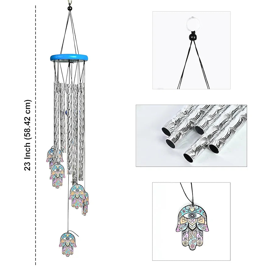 Wind Chimes for Balcony and Home 6 Hamsa Hand 5 Silver Pipe Wind Chime -014