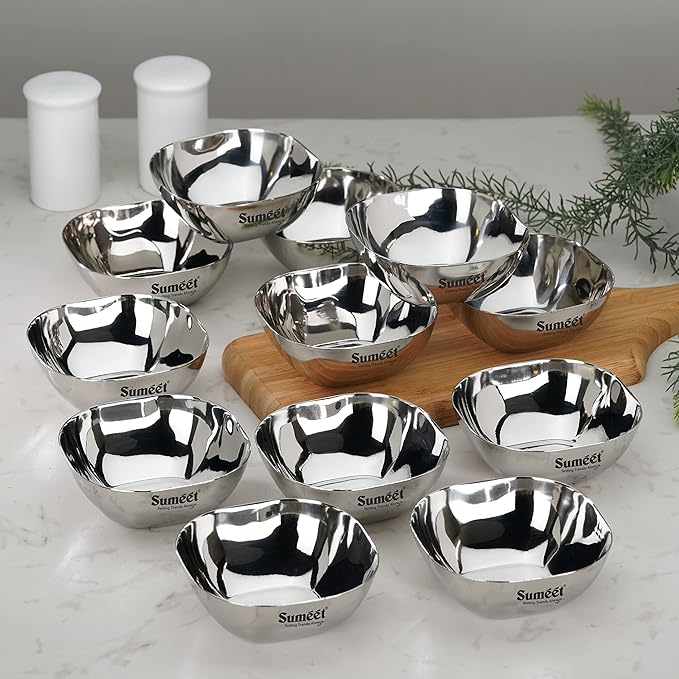 Sumeet Heavy Gauge Stainless Steel Apple Square Bowl Set of 12 pc 180 ml Each Silver
