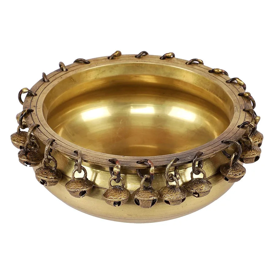 Two Moustaches Ethnic Traditional 6 Inches Brass Urli Bowl with Bells