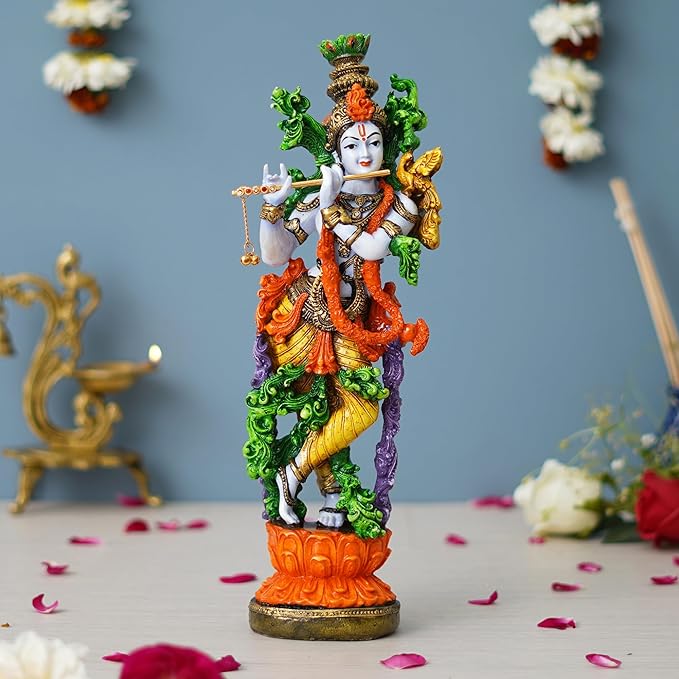 Ecraftindia Handcrafted Polyresin Colorful Standing Lord Krishna Idol Playing Flute Statue