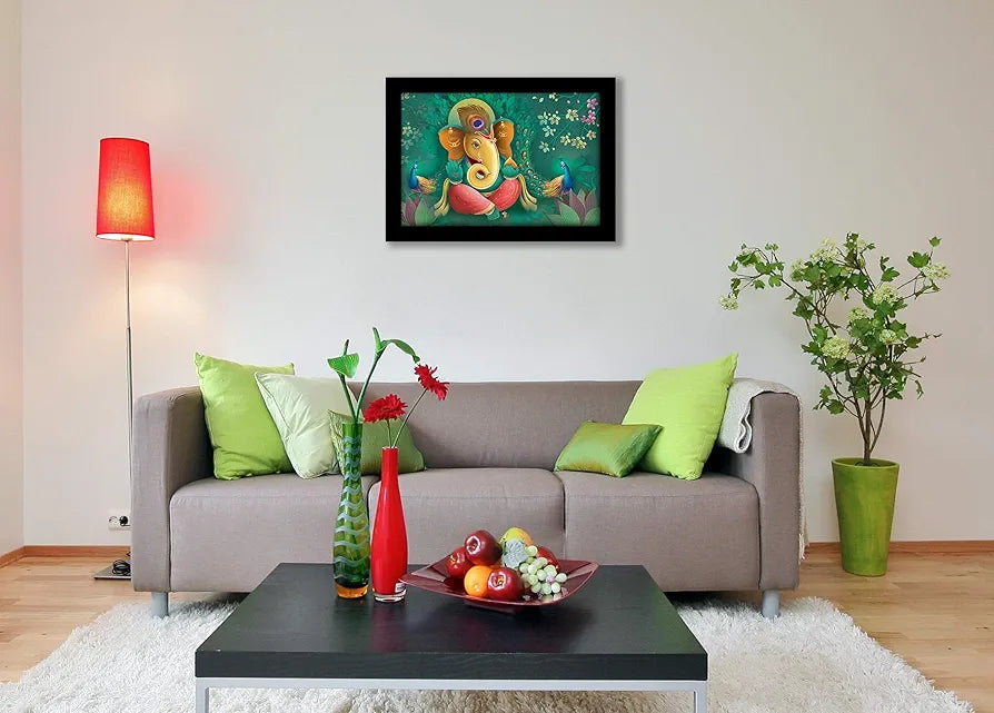 Lifehaxtore Ganesha Art Framed Painting Ganesha with Peacock