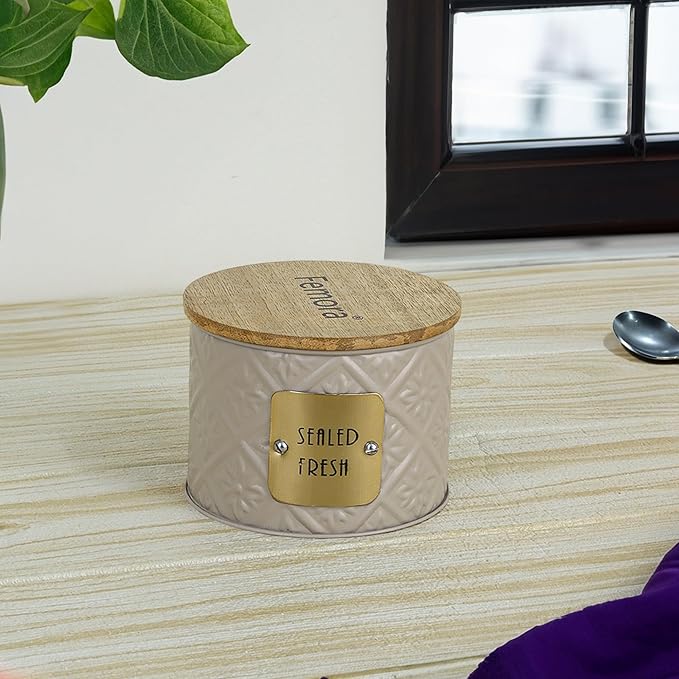 Femora Kitchen Storage Jars Tin Jar With Wooden Lid Air Tight Jar | 300 Ml | Set of 1