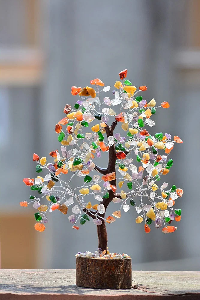 Reikved Mix Chakra Crystal Natural Gemstone Mix Chakra Silver Bonsai Money Tree with Chakra Bracelet