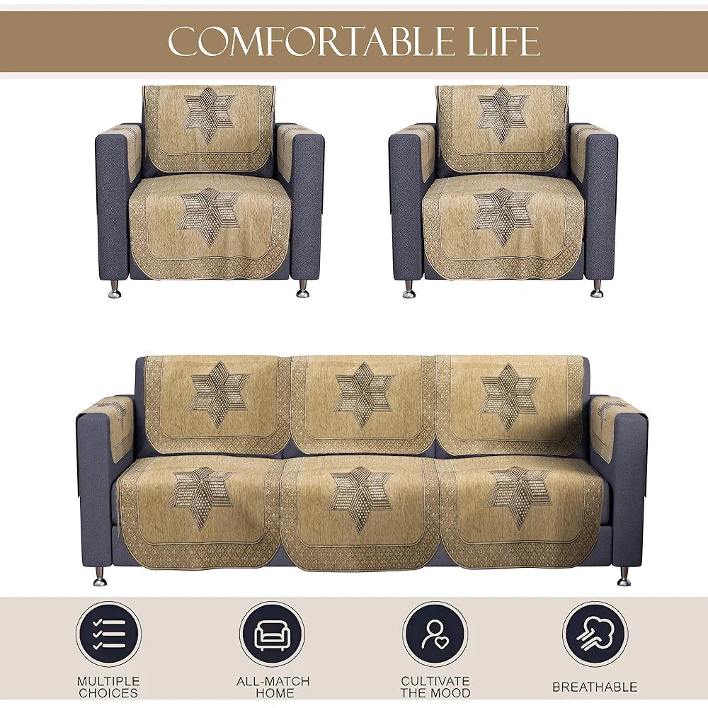 Kuber Industries Set of 16 Anti-Skid Sofa Cover 5-Seater with Arm Cover Star Print Cream & Brown