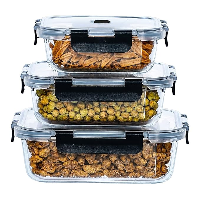 Femora Set of 3 Borosilicate Glass Rectangle Black Container With Dectahable & Break Free Lid, 400 Ml, 620 Ml, 1000ml | Microwave Safe