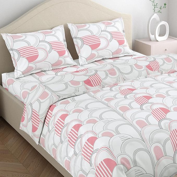 Haus & Kinder Cotton Bed Sheet for King Size Bed (108 X 108 Inches) with 2 Pillow Covers | 186 TC Bedsheet Blush Horizon