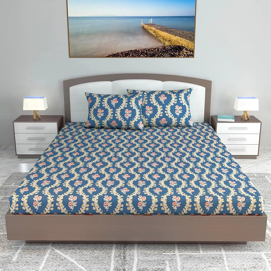 Divine Casa 144 TC Cotton Blue Super Soft King Size Bedsheet Every Day Use King Size Bedsheets Colour Minakari Navy