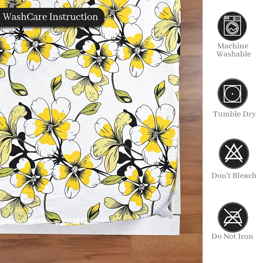 Divine Casa Floret 100% Cotton Double Fitted Bedsheet 144 TC Deep Pocket Design Colour Daffodil Yellow