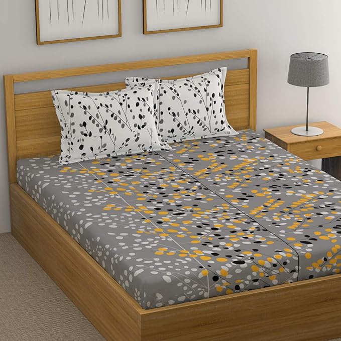 Huesland by Ahmedabad Cotton 144 TC Cotton King Bedsheet with 2 Pillow Covers - Grey and White