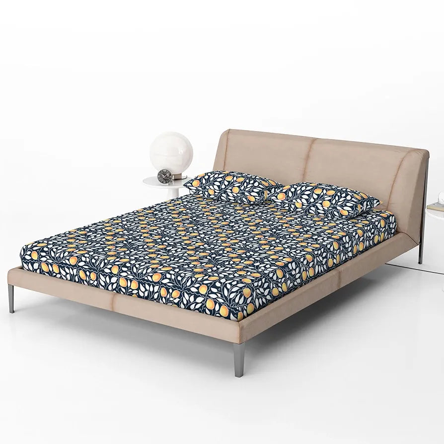 Divine Casa 144 TC 100% Cotton Deep Cobalt Floral King Size Elastic Fitted Bedsheet with 2 Pillow Covers Elegant Double Bed Set Colour Marlin