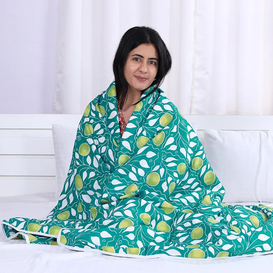 Divine Casa Glace Cotton 120 GSM Reversible Lightweight Printed Single Bed AC Dohar Blanket Quilt Colour Turquoise and Green TC - 120