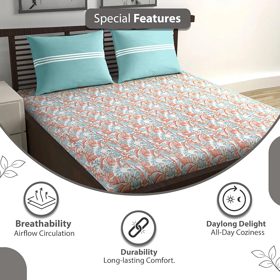 Divine Casa 144 TC 100% Pure Cotton Double Bed Bedsheet with 2 Pillow Covers Tropical Floral Colour Aqua Red