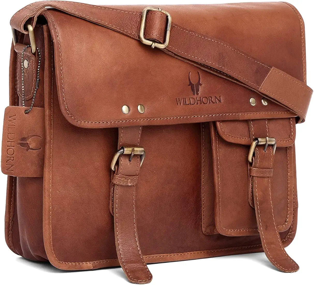 WildHorn® Classic Leather 13.5 inch Laptop Messenger Bag for Men I Office Bags I Travel Bags I Adjustable Strap I DIMENSION: L- 13 inch H- 10 inch W- 3.5inch