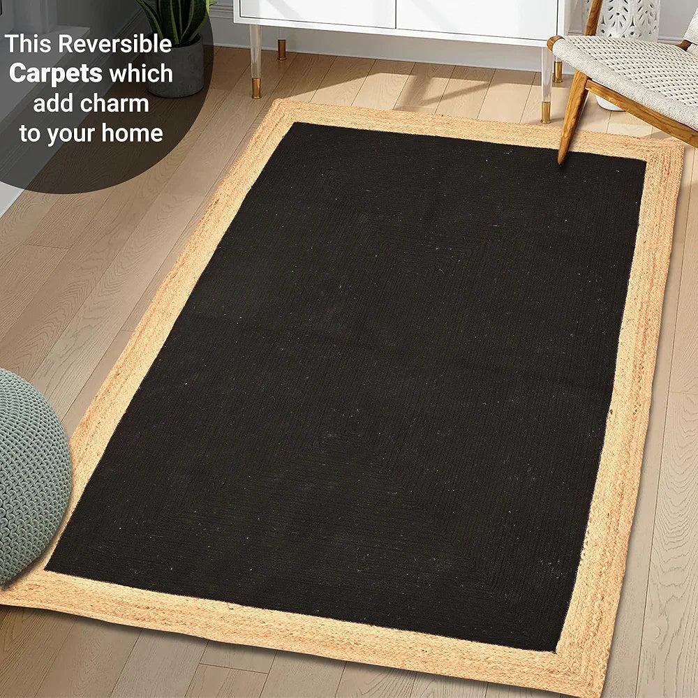 Kuber Industries 5x7 Feet Reversible Carpets for Living Room Machine Washable Border Black & Beige