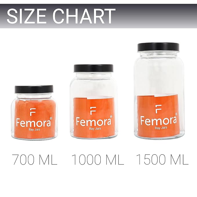 Femora Kitchen Storage Jars Clear Glass Jar With Steel Lid Air Tight Jar | Set of 3