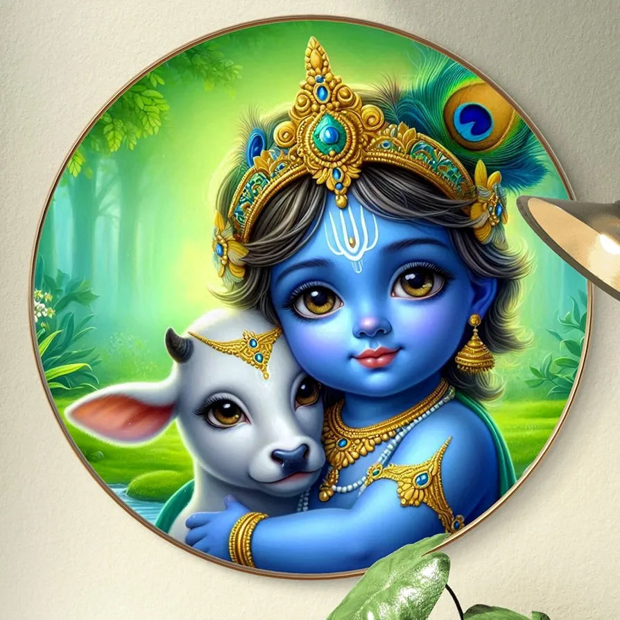 Livin'luxe Paintings Little Krishna with Calf Wall Painting with Frame - Sparkle Glossy Round Golden Framed Large