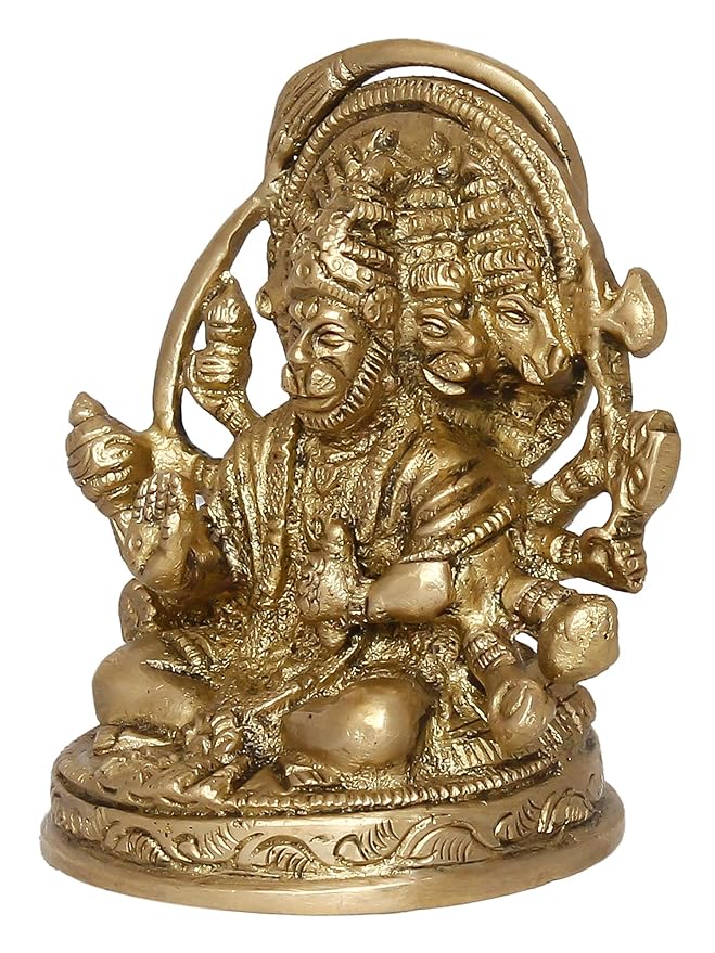 Ecraftindia Golden Brass Handcrafted Sitting Panchmukhi Hanuman Statue | Bajrangbali Religious Idol Murti