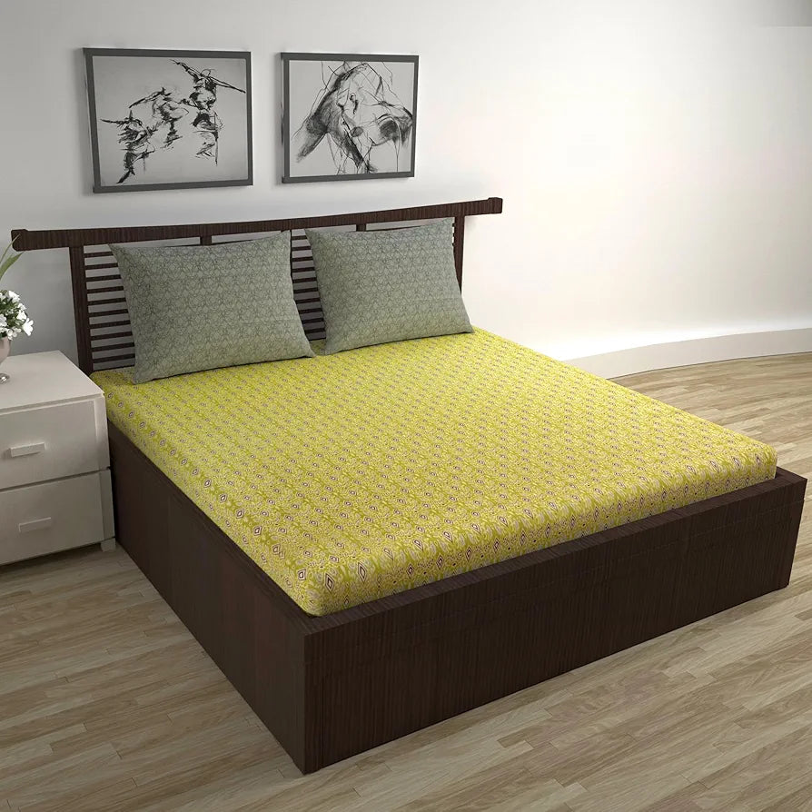Divine Casa 144 TC 100% Pure Cotton Double Bedsheet with 2 Pillow Covers Ikat Diamond Print Colour Mustard Yellow