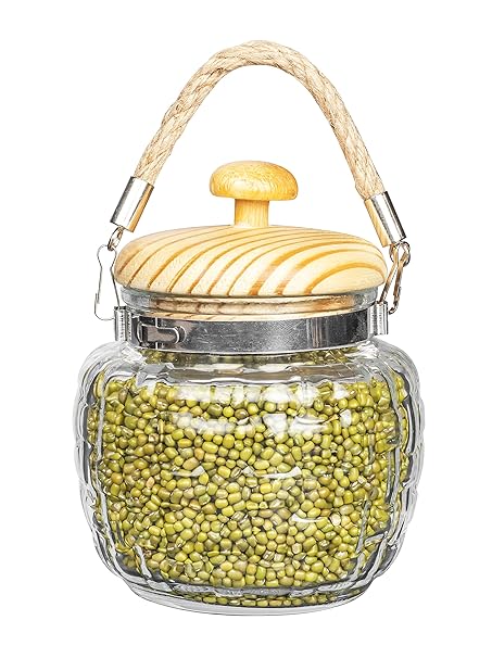 Femora Kitchen Storage Jars Embossed Glass Jar With Wooden Lid & Jute Chain Air Tight Jar | 500 Ml